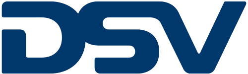 Het logo van DSV in blauwe letters op een transparante achtergrond.