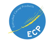 Logo van Extruded Cereal Products (ECP) met een blauw rond ontwerp en een gestileerde graanhalm.