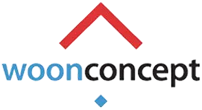 Logo van Woonconcept met een rood dakpictogram en blauwe en zwarte tekst.