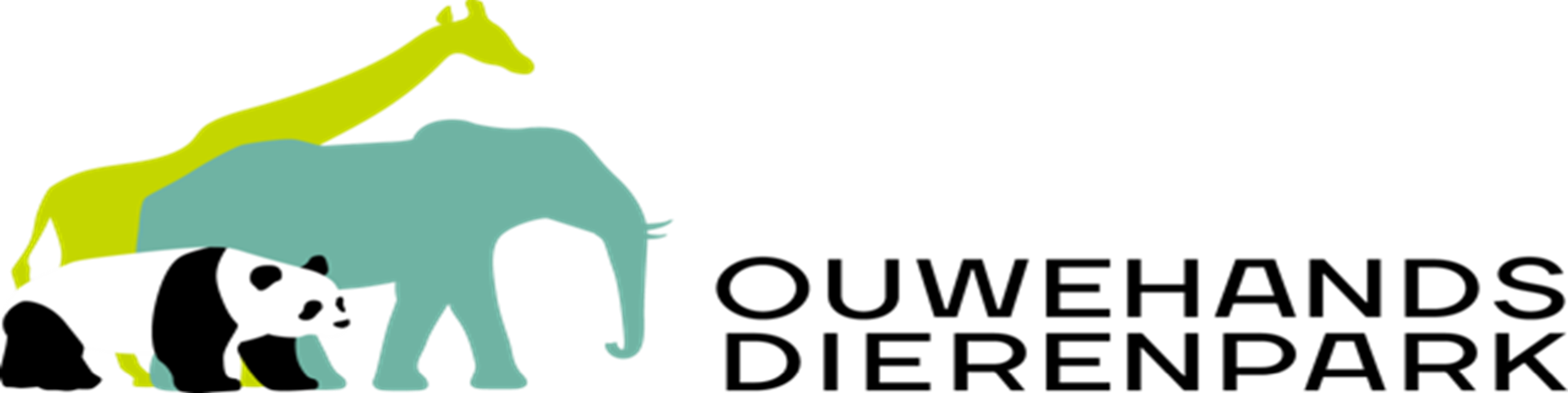 Logo van Ouwehands Dierenpark met silhouetten van een giraffe, olifant en panda.