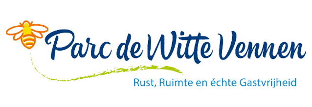 Logo van Parc de Witte Vennen met een bij-symbool en de slogan "Rust, Ruimte en échte Gastvrijheid".
