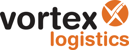 Logo van Vortex Logistics met zwarte en oranje letters en een abstract symbool.