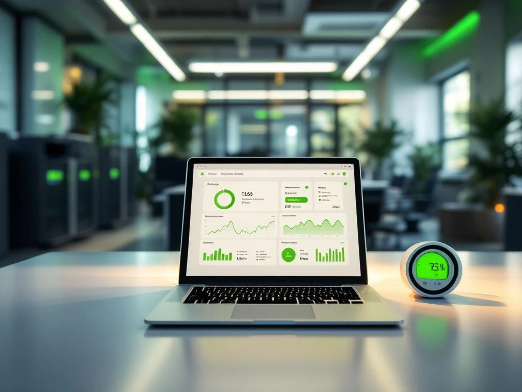 Een laptop met een Energy Check dashboard toont energie-auditgegevens in een modern kantooromgeving.