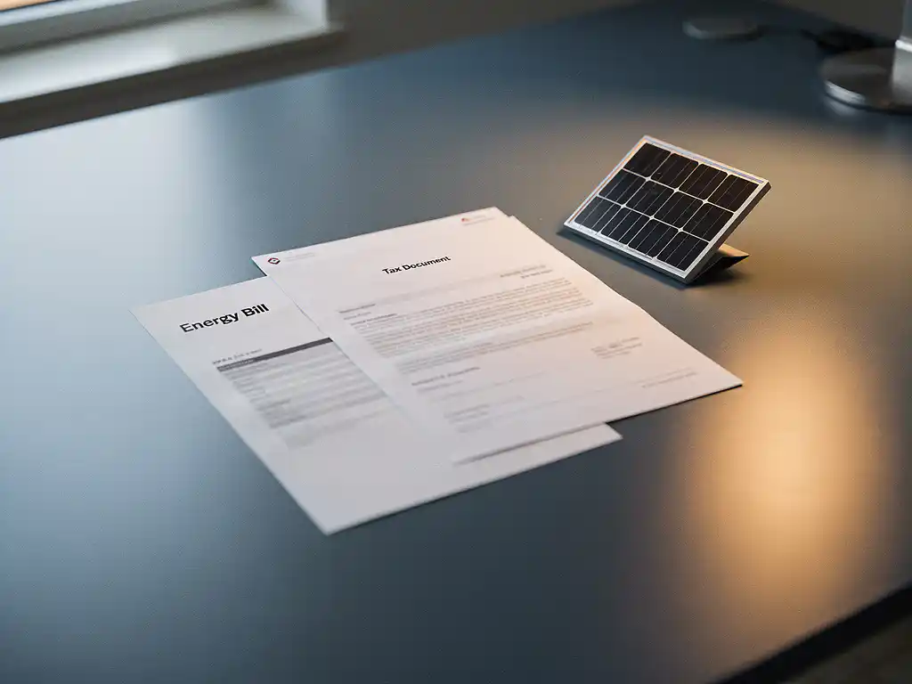 Belastingdocument en energierekening op kantoorbureau met klein zonnepaneel model, zachte natuurlijke belichting.