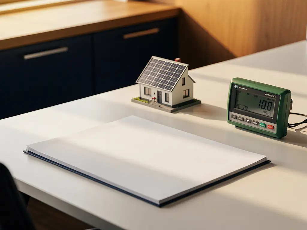 Formeel beleidsdocument op modern bureau naast zonsolarmodel en groene energiemeter in Nederlands kantoor, warm middaglicht.