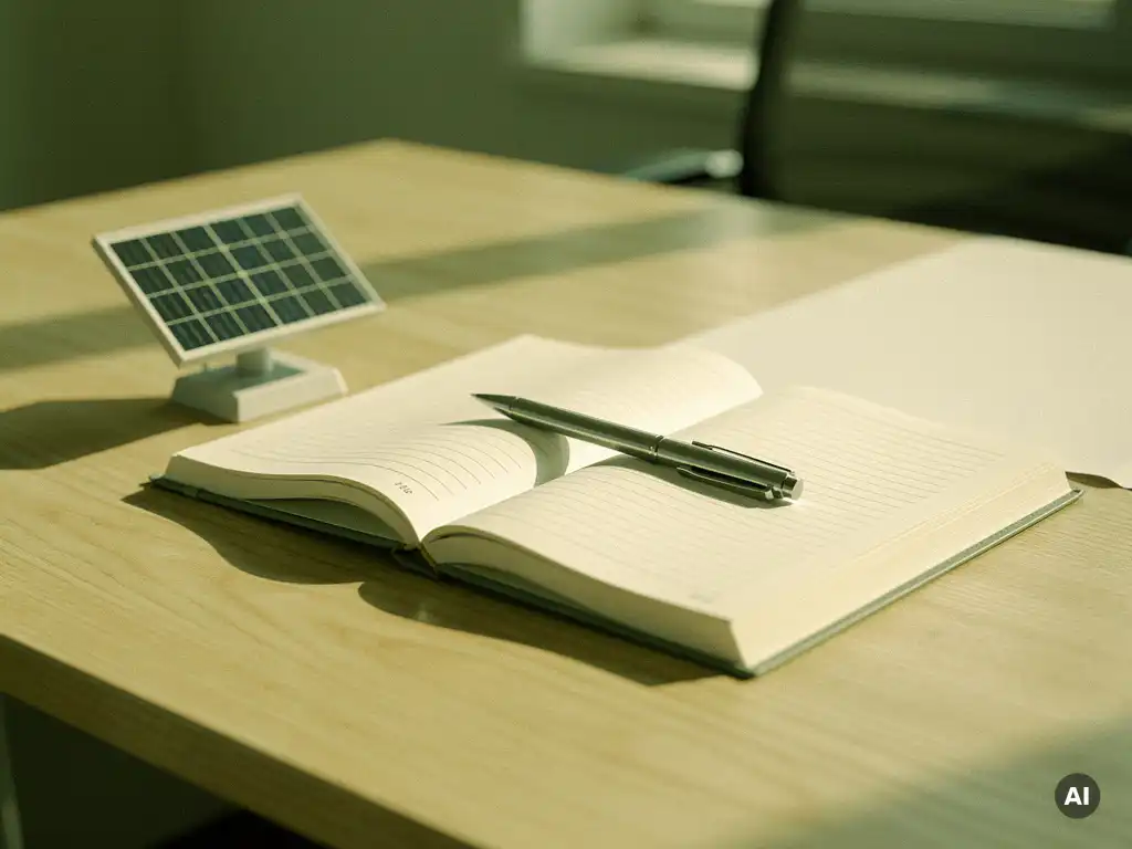 Bureau van een accountant met openstaand kasboek, pen en miniatuur zonnepaneel in warm middaglicht.