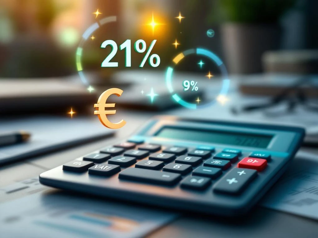 Een calculator ligt op een bureau in een energieadvieskantoor met 21% en 9% BTW percentages en een euroteken zwevend erboven.