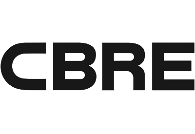 Het logo van CBRE in zwarte letters op een witte achtergrond.