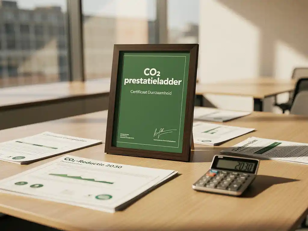 Een CO2-prestatieladder certificaat voor duurzaamheid staat op een bureau bij Energy Check, omgeven door documenten en een rekenmachine.