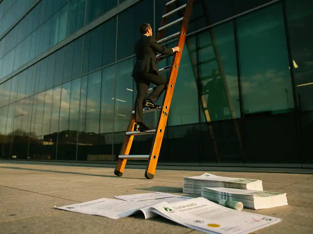Een zakenman klimt een ladder op tegen een kantoorgebouw, terwijl documenten over de CO2-reductieladder voor duurzame bedrijfsvoering van Energy Check op de grond liggen.