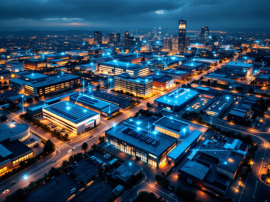 Luchtfoto van een verlichte stad bij nacht met verschillende bedrijfsgebouwen en verbonden energielijnen, als voorbeeld van collectieve energie-inkoop voor bedrijven door Energy Check.