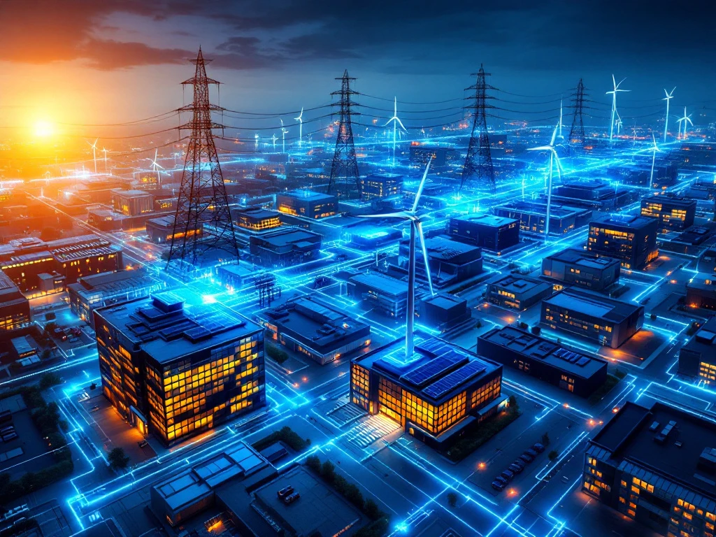 Een futuristisch stadsbeeld bij zonsondergang met windmolens, elektriciteitsmasten en verlichte gebouwen, dat de collectieve energie-inkoop en netwerken van bedrijven illustreert.