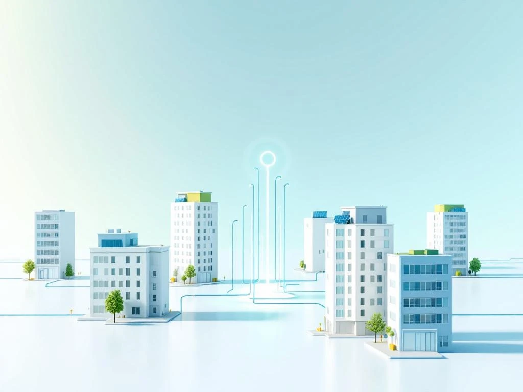 Een digitale illustratie van kantoorgebouwen verbonden door energie-infrastructuur, vertegenwoordigt collectieve energie-inkoop voor bedrijven, passend bij Energy Check.
