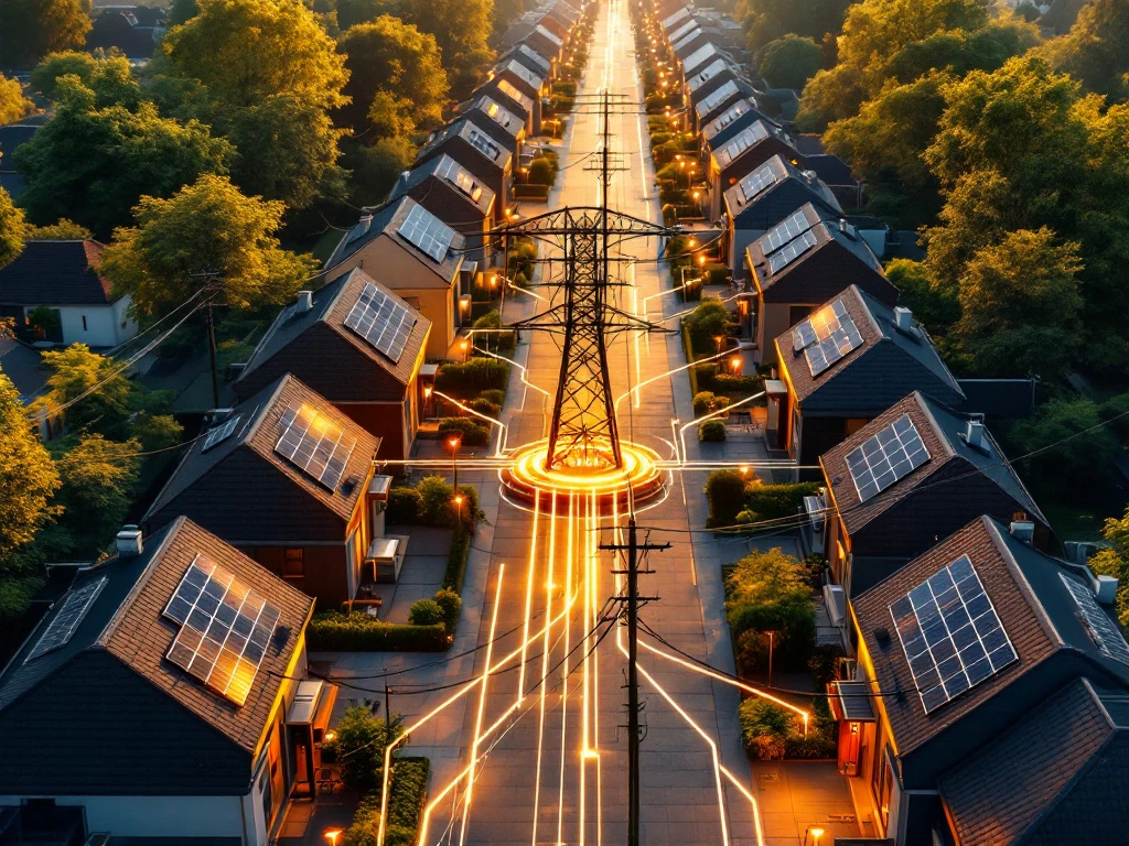 Luchtfoto van een Nederlandse woonwijk met zonnepanelen op de daken, waarbij elektriciteitslijnen energie door de straat transporteren.