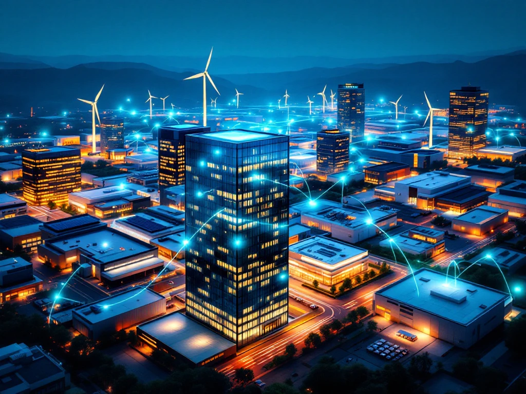Stedelijk landschap bij nacht met kantoorgebouwen verbonden door een netwerk van lichtstralen, omlijst door windturbines, als illustratie voor collectieve energie-inkoop door Energy Check.