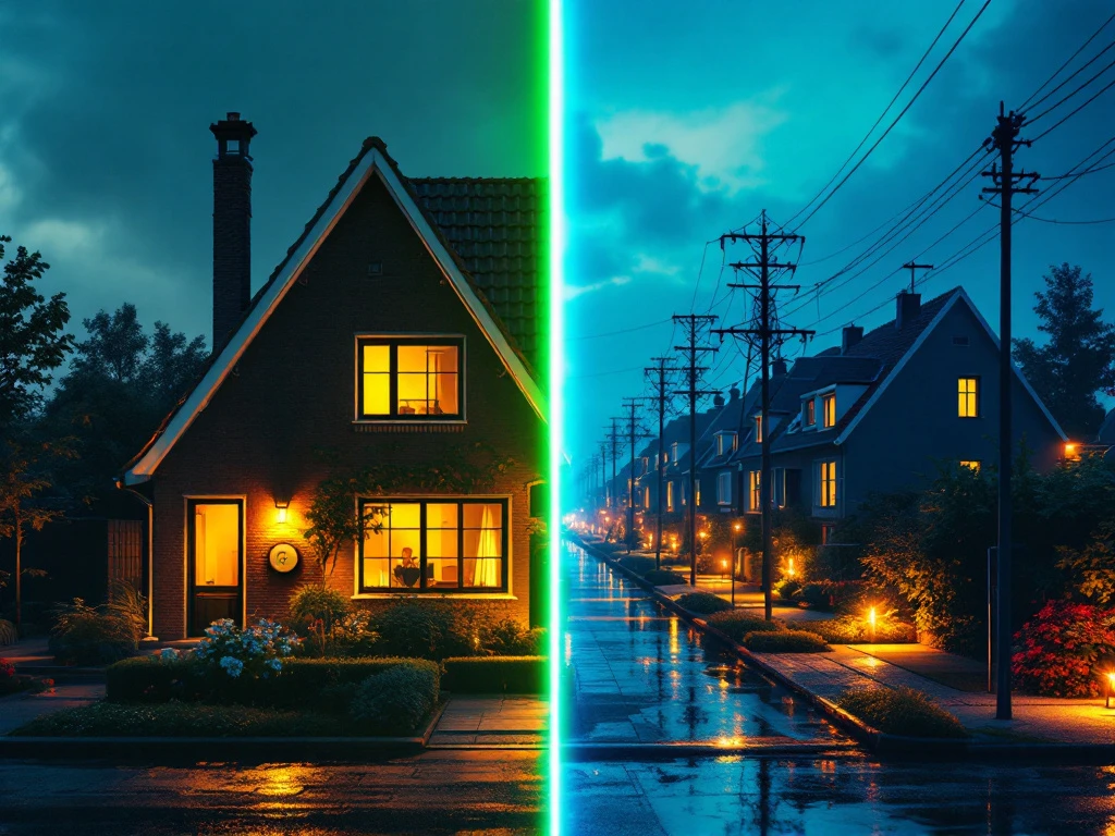 Vergelijking van twee woonomgevingen bij dag en nacht, passend bij het thema collectieve energie-inkoop door Energy Check.