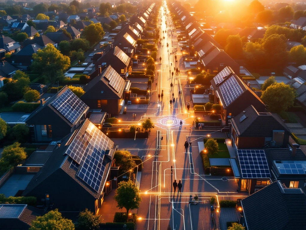 Luchtfoto van een zonnige woonwijk met huizen die voorzien zijn van zonnepanelen, met energieverbindingen tussen de woningen, passend bij Energy Check's collectieve energie-inkoop initiatief.
