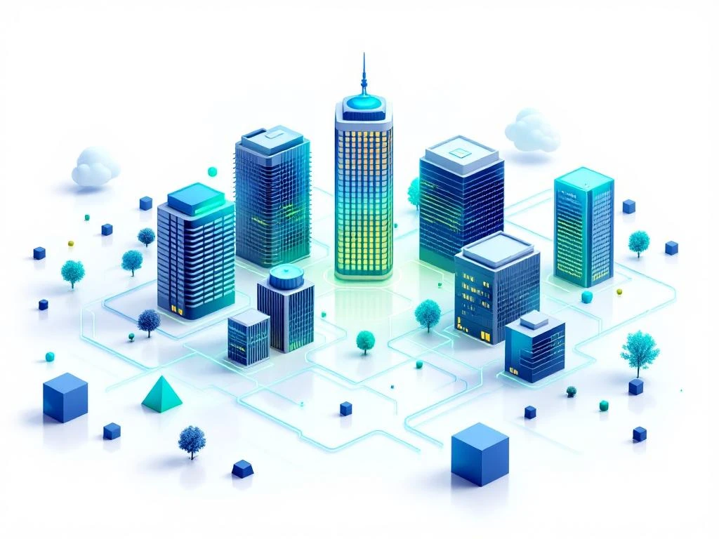 Een geïllustreerde stad met moderne kantoorgebouwen, symbool voor collectieve energie-inkoop en samenwerking door Energy Check.