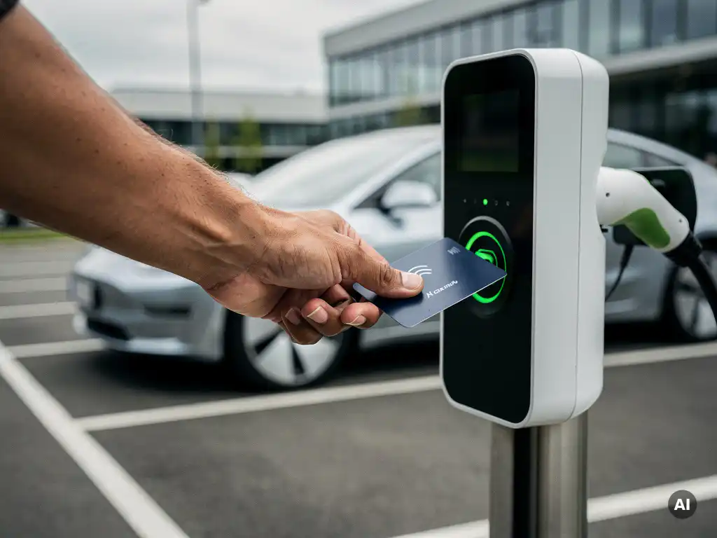 Hand tikt contactloze betaalpas tegen wit EV-laadstation op bedrijfsparkeerplaats, elektrische auto op achtergrond.