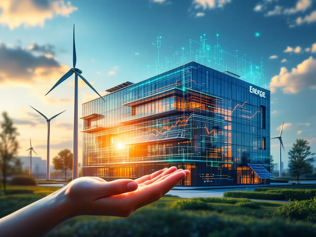 Visualisatie van een modern, duurzaam bedrijfsgebouw van Energy Check met windturbines en technologische grafieken onder een heldere lucht.