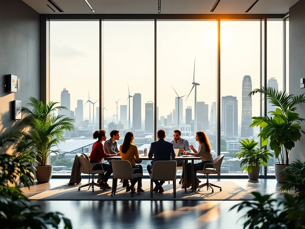 Een team van mensen vergadert in een modern kantoor met grote ramen en uitzicht op windmolens en wolkenkrabbers, wat een duurzame en energie-efficiënte omgeving van Energy Check benadrukt.
