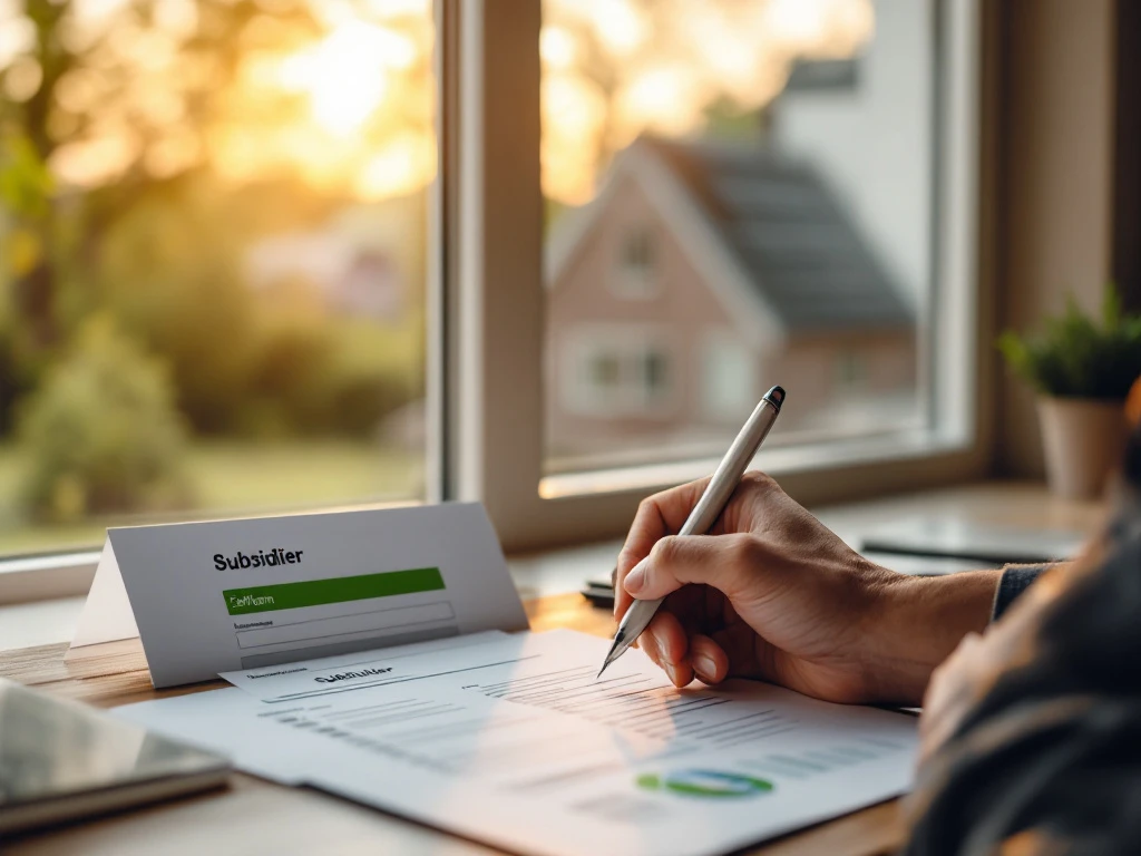 Een hand schrijft op subsidieformulieren bij een raam met uitzicht op een huis met zonnepanelen, in de context van energiebesparing van Energy Check.