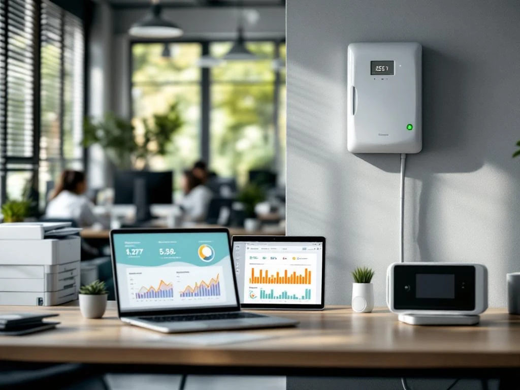 Een modern, duurzaam kantoor met een slimme meter aan de muur en computers die energie-efficiëntie gegevens tonen, passend bij Energy Check.