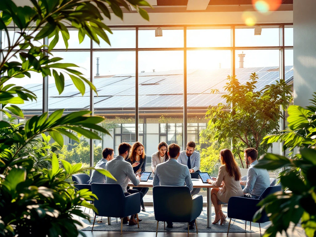 Een groep mensen werkt samen in een duurzaam kantoor van Energy Check met zonnepanelen op het dak en veel groene planten binnen.