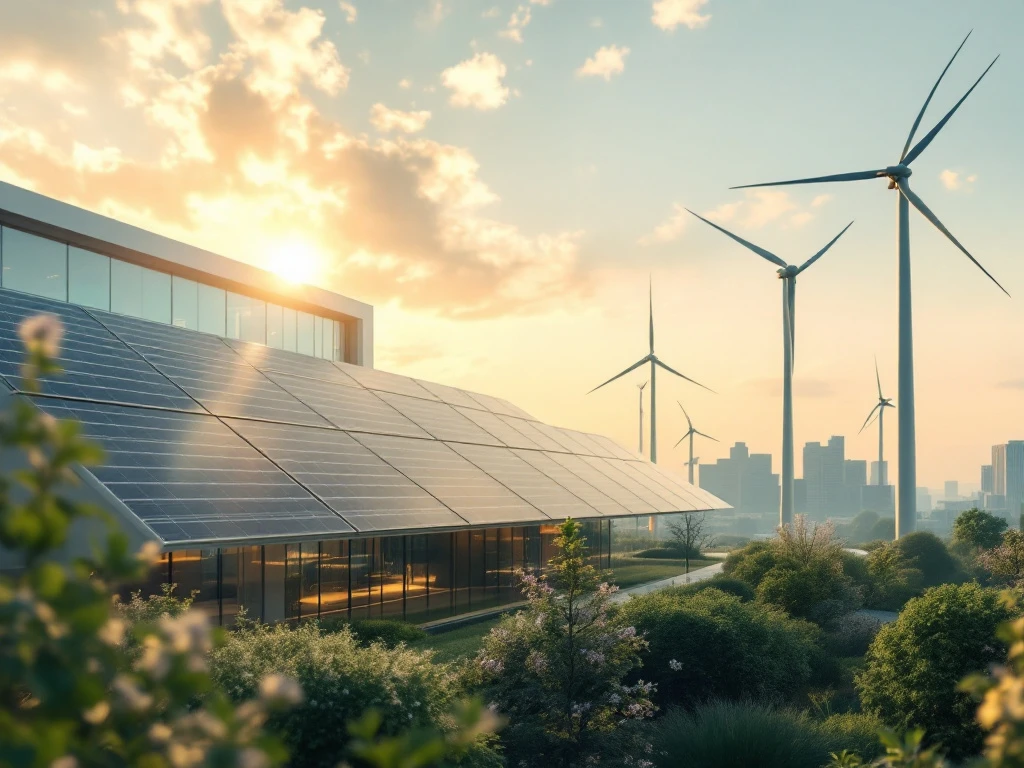 Duurzaam kantoor van Energy Check met zonnepanelen en windturbines bij zonsondergang.