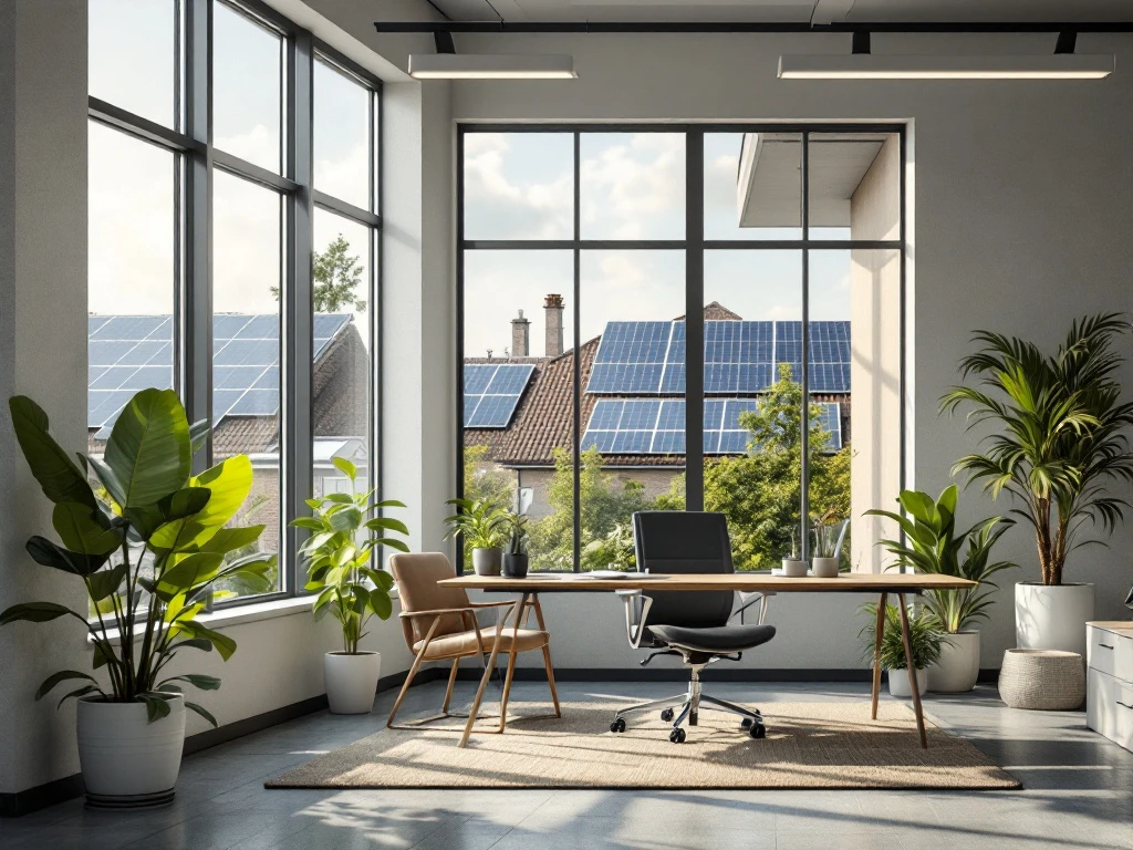 Modern, duurzaam kantoor van Energy Check met veel groen en zonnepanelen op het dak buiten.