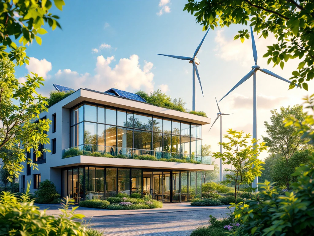 Duurzaam kantoorgebouw in Nederland met zonnepanelen en windturbines in de omgeving, gepresenteerd door Energy Check.