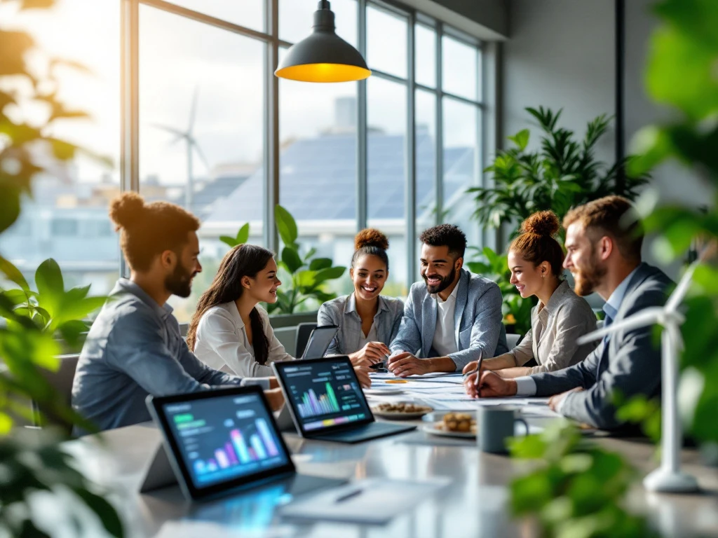 Een groep professionals van Energy Check overlegt in een duurzaam kantoor met groene planten, laptops en zicht op windturbines en zonnepanelen.