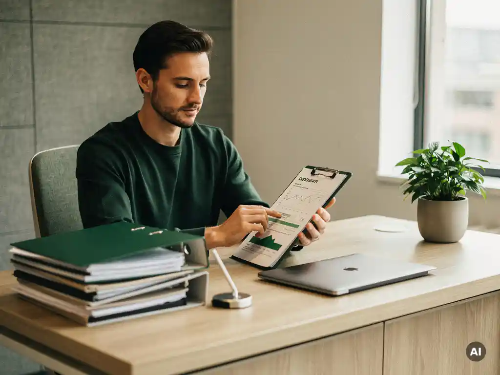 Duurzaamheidsconsultant bestudeert energieverbruiksrapport op klembord aan modern bureau met laptop en kleine groene plant.
