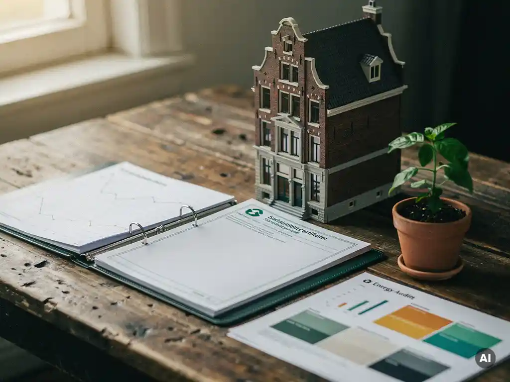 Opengeslagen duurzaamheidscertificering op houten bureau naast miniatuur Nederlands kantoorgebouw, energie-auditdocumenten en groen plantje in terracottapot.