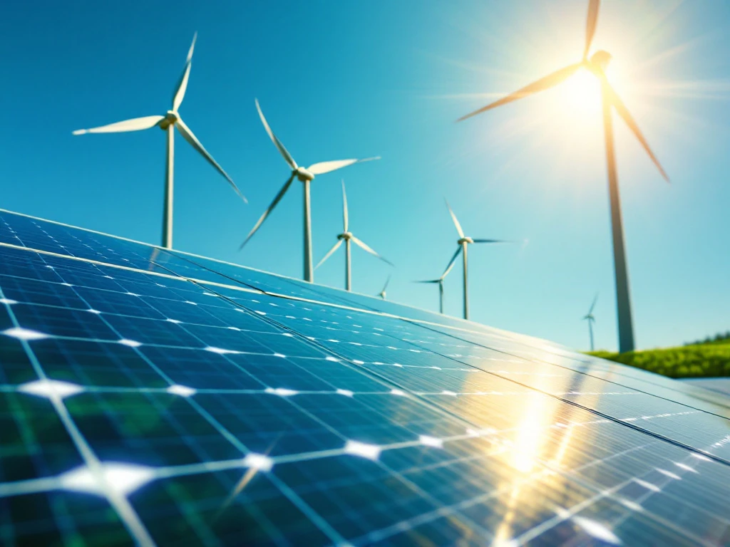 Zonnepanelen en windturbines die duurzame energie opwekken voor Energy Check onder een stralende blauwe hemel.