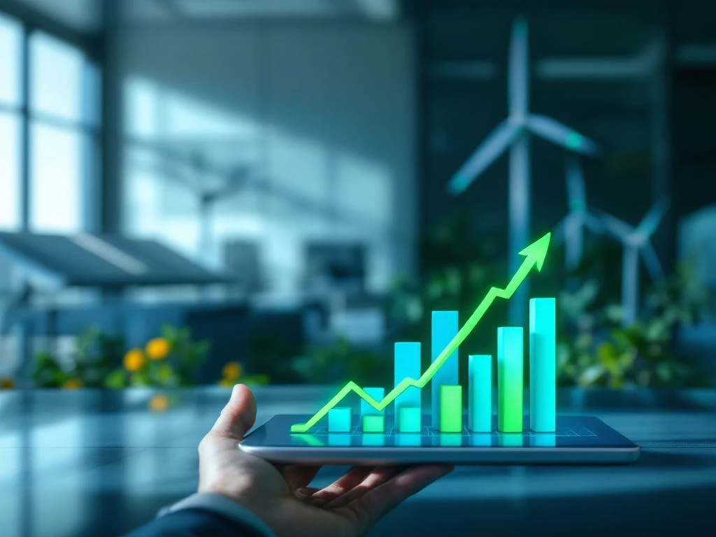 Een hand houdt een tablet vast met daarop stijgende grafieken in een kantoorgebouw met windturbines en zonnige natuur, wat duurzame energie symboliseert.