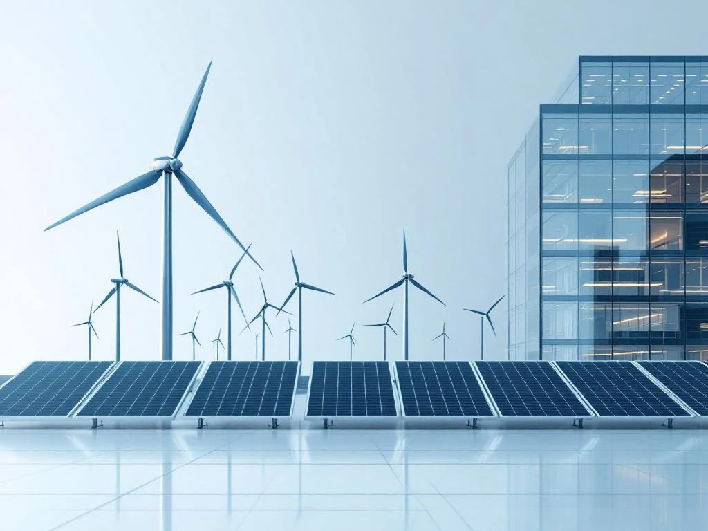Moderne kantoorgebouw van Energy Check met zonnepanelen en windturbines op de achtergrond voor duurzame energie.
