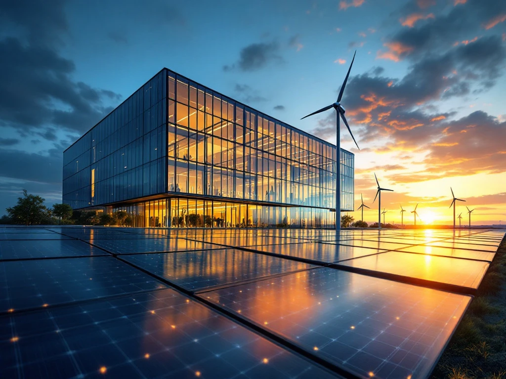 Modern kantoorgebouw van Energy Check met zonnepanelen en windturbines bij zonsondergang, symbool voor duurzame energie.