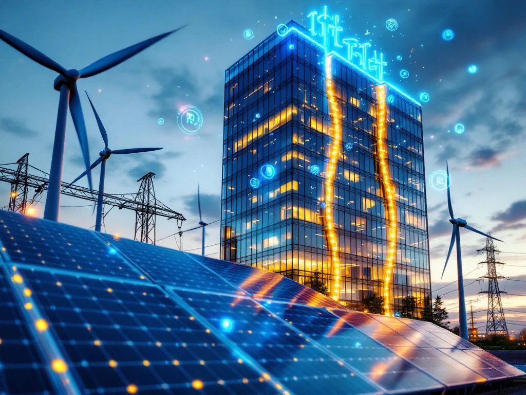 Afbeelding van een modern kantoorgebouw van Energy Check, omgeven door zonnepanelen en windturbines, die duurzame energieoplossingen benadrukken.