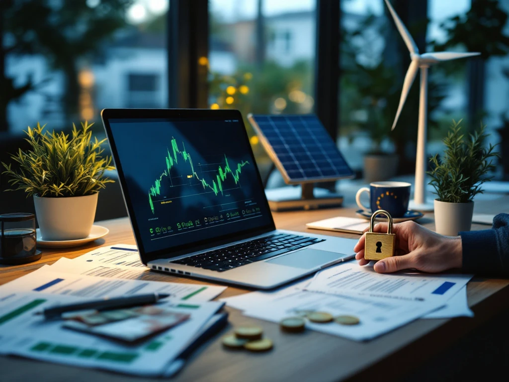 Een kantoorruimte in Nederland met een laptop die een grafiek toont, omgeven door duurzame energie-elementen zoals planten, een zonnepaneel en een windturbine, passend bij het thema van Energy Check over duurzame energie subsidies.