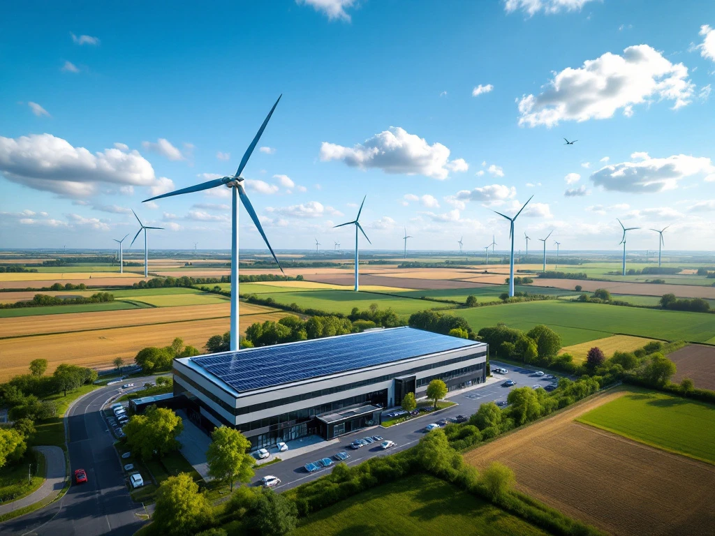 Bedrijfspand met zonnepanelen in een groene omgeving omringd door windmolens, passend bij Energy Checks focus op duurzame energie.