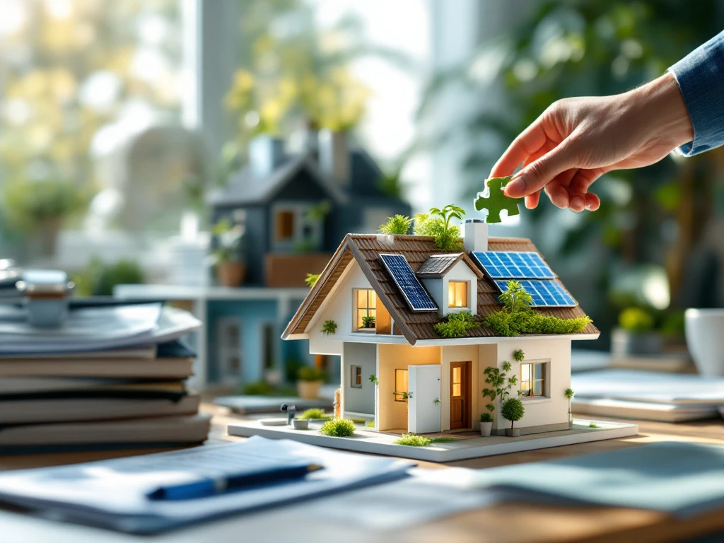 Hand plaatst puzzelstukje op miniatuur duurzaam huis met zonnepanelen en groen dak, om duurzame woninginitiatieven te symboliseren voor Energy Check.