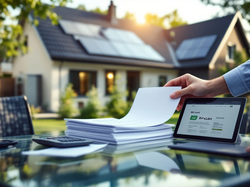 Man bekijkt subsidieaanvraagformulieren voor zonnepanelen op een tablet in de tuin van een duurzame woning met zonnepanelen op het dak, namens Energy Check.
