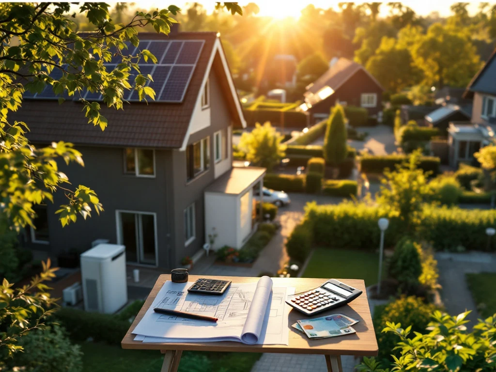 Bureau met bouwplannen en rekenmachines met op de achtergrond een woning voorzien van zonnepanelen, bij zonsondergang.