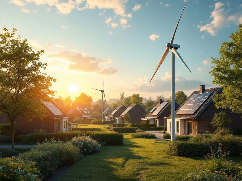 Luchtfoto van een duurzame woonwijk met zonnepanelen op de daken en een windturbine, gepresenteerd door Energy Check.
