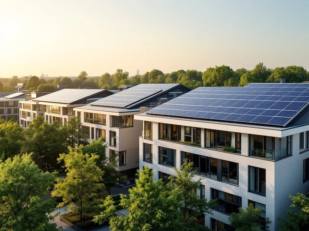 Moderne huizenblokken in een duurzame zakenwijk met zonnepanelen op de daken, benadrukkend de focus van Energy Check op hernieuwbare energie.