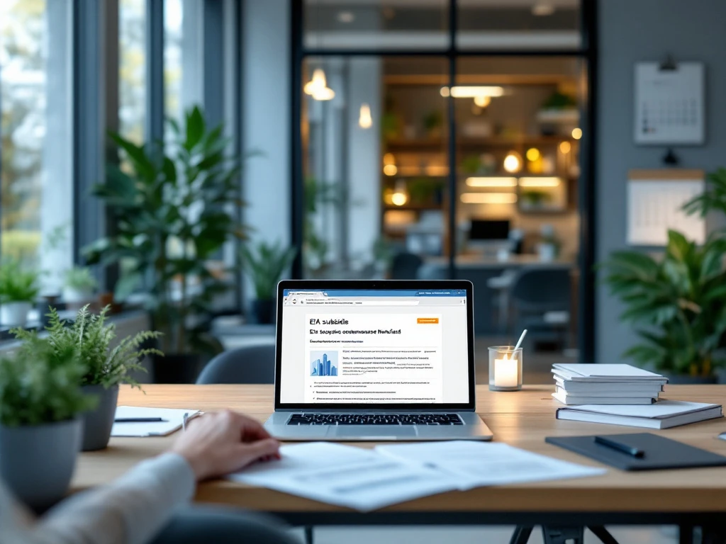 Een laptop op een houten bureau toont informatie over EIA-subsidie voor energiebesparing in een modern, duurzaam kantoor met veel planten.
