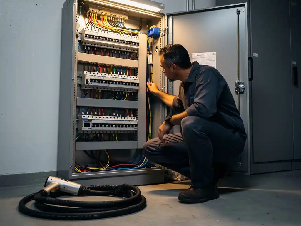 Technicus inspecteert zekeringkast met stroomonderbrekers naast opgerolde EV-laadkabel op betonnen vloer.