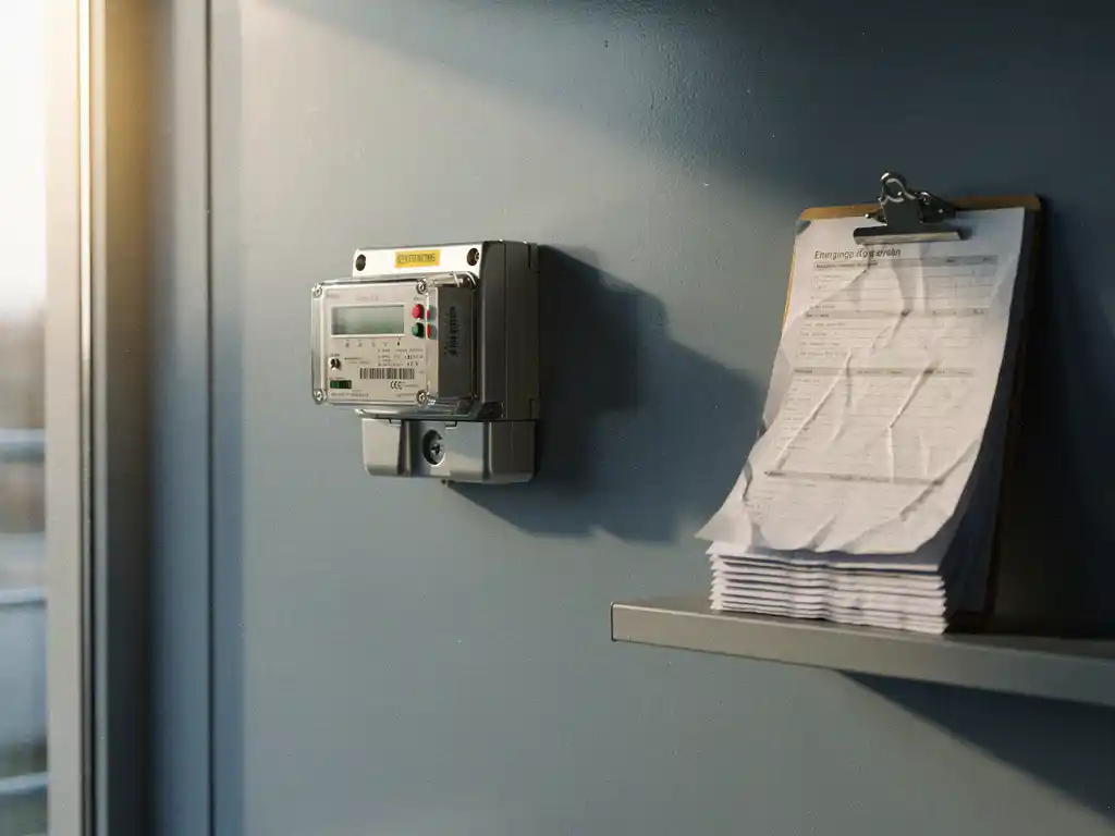 Nederlandse elektriciteitsmeter aan industriële muur met klembord vol energieverbruiksgegevens, zacht natuurlijk licht.