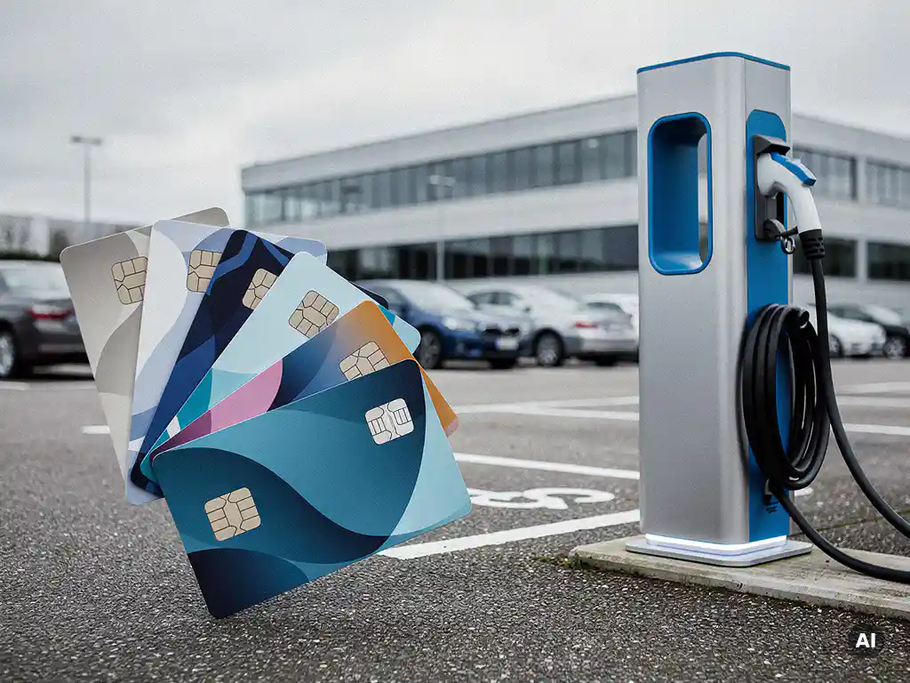 Meerdere laadpassen van verschillende aanbieders naast een modern EV-laadpunt op een bedrijfsparkeerplaats.